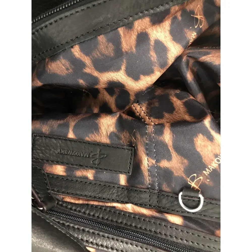 B Makowsky Soft Leather Black Front Leopard Calfhair Print Pocket Purse Hobo Bag